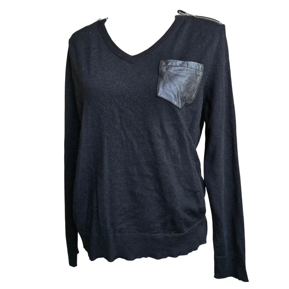 The Kooples Black Merino Wool V Neck Sweater with‎ Leather Pocket - Small